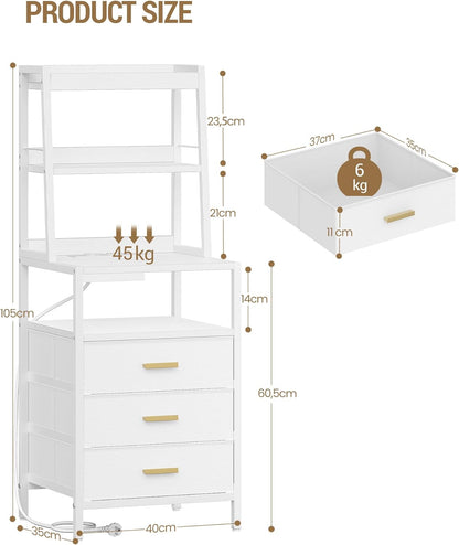 Hzuaneri Bedside Table Set of 2, Bedside Table with Charging Station and Metal Storage Shelf, 2 Sockets and 2 USB Ports, Side Table with 3 Fabric Drawers, For Bedroom, Living Room, White NS10613W