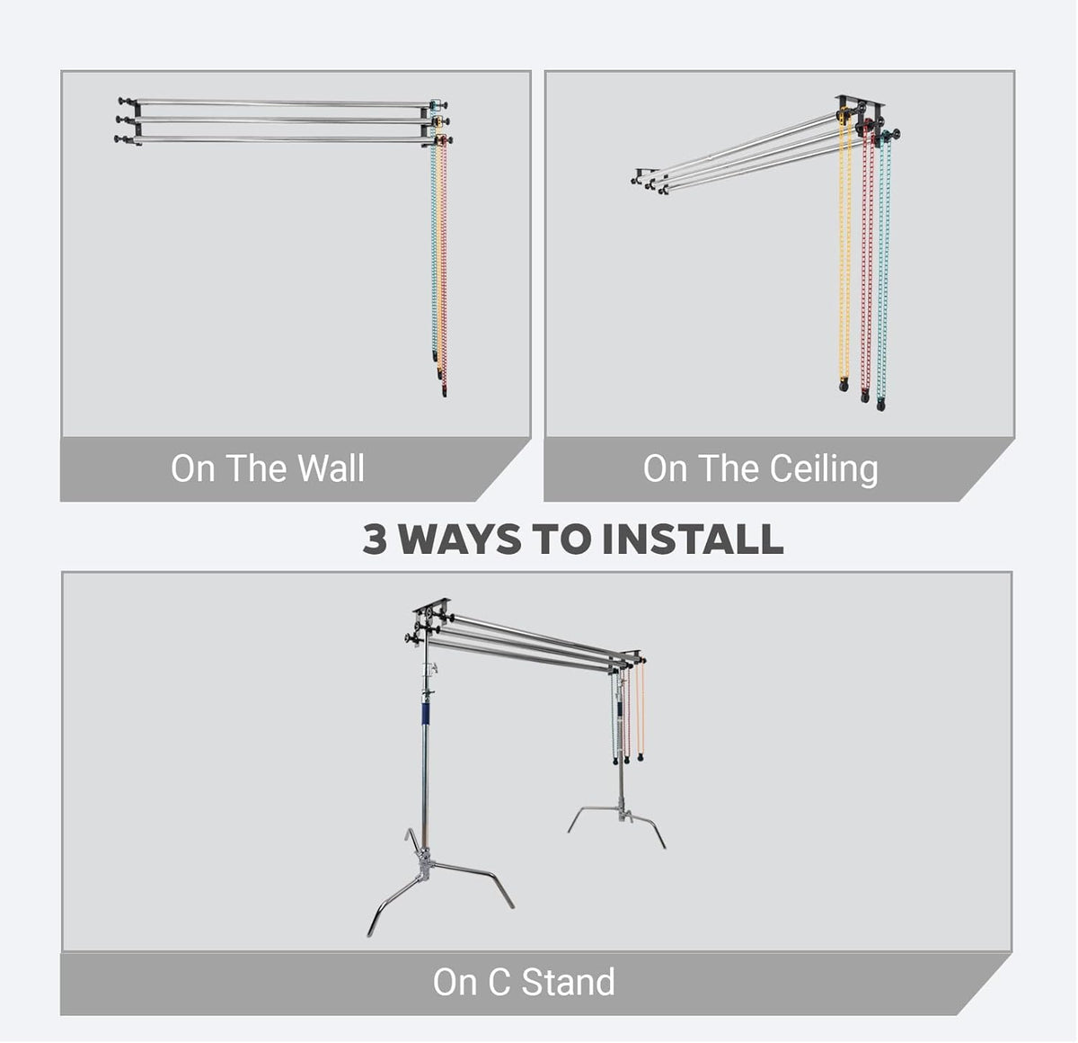 Fotografie 3 Rollen Wand/Celing/Light Stand Gemonteerd Handmatige Fotostudio Achtergrond Ondersteuning Systeem met 304cm Roestvrij Stalen Buis Crossbar