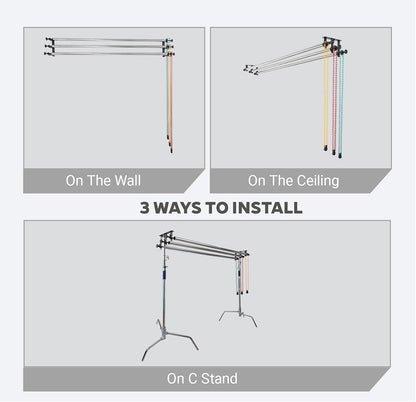 Fotografie 3 Rollen Wand/Celing/Light Stand Gemonteerd Handmatige Fotostudio Achtergrond Ondersteuning Systeem met 304cm Roestvrij Stalen Buis Crossbar