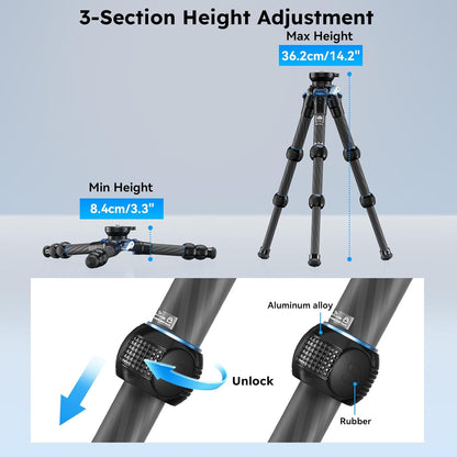 SIRUI AM-223L Koolstofvezel Mini Reisstatief met nivellerende basis, desktopstatief met nivellering voor spiegelloze camera's, belastingen tot 15 kg/33 lb, gevouwen hoogte 23 cm