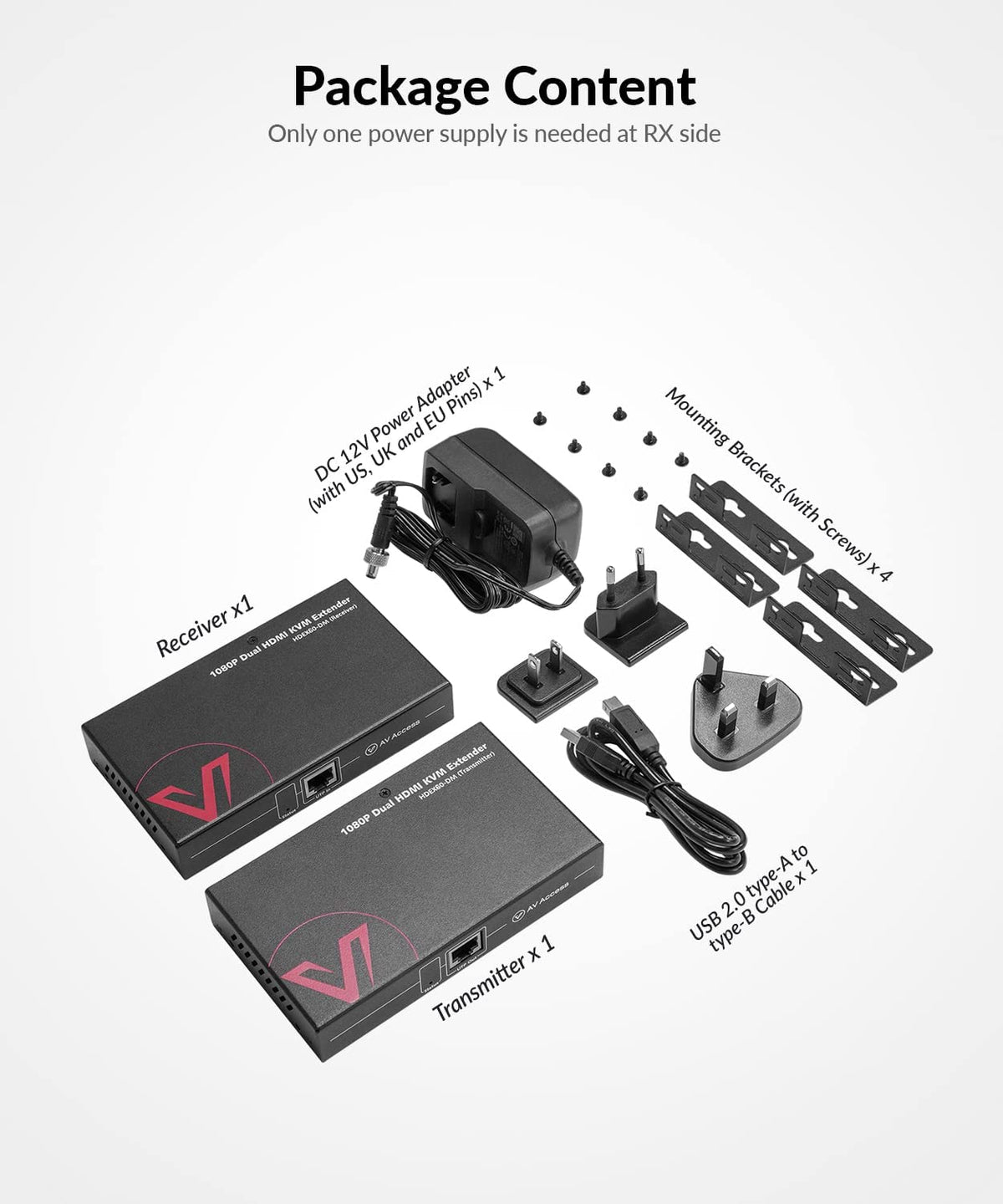 AV Access HDMI KVM Extender LAN Ethernet RJ45 2 Monitor Over Cat5e/6/6a/7 Cable bis zu1080p@60Hz 60m, Zero Latency Extended Dual View, 4 USB 2.0 Ports für Tastatur/Maus, HDCP 1.4, PoC, 1 in 2 Out