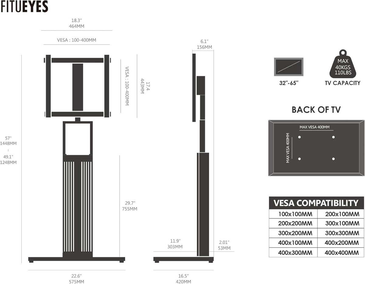 FITUEYES Design Vloer TV-standaard voor 32-65 Inch TV's Beukenhout Hoogteverstelling Vrijstaande TV-standaard ±30° Draaibaar Kabelbeheer Zen Serie