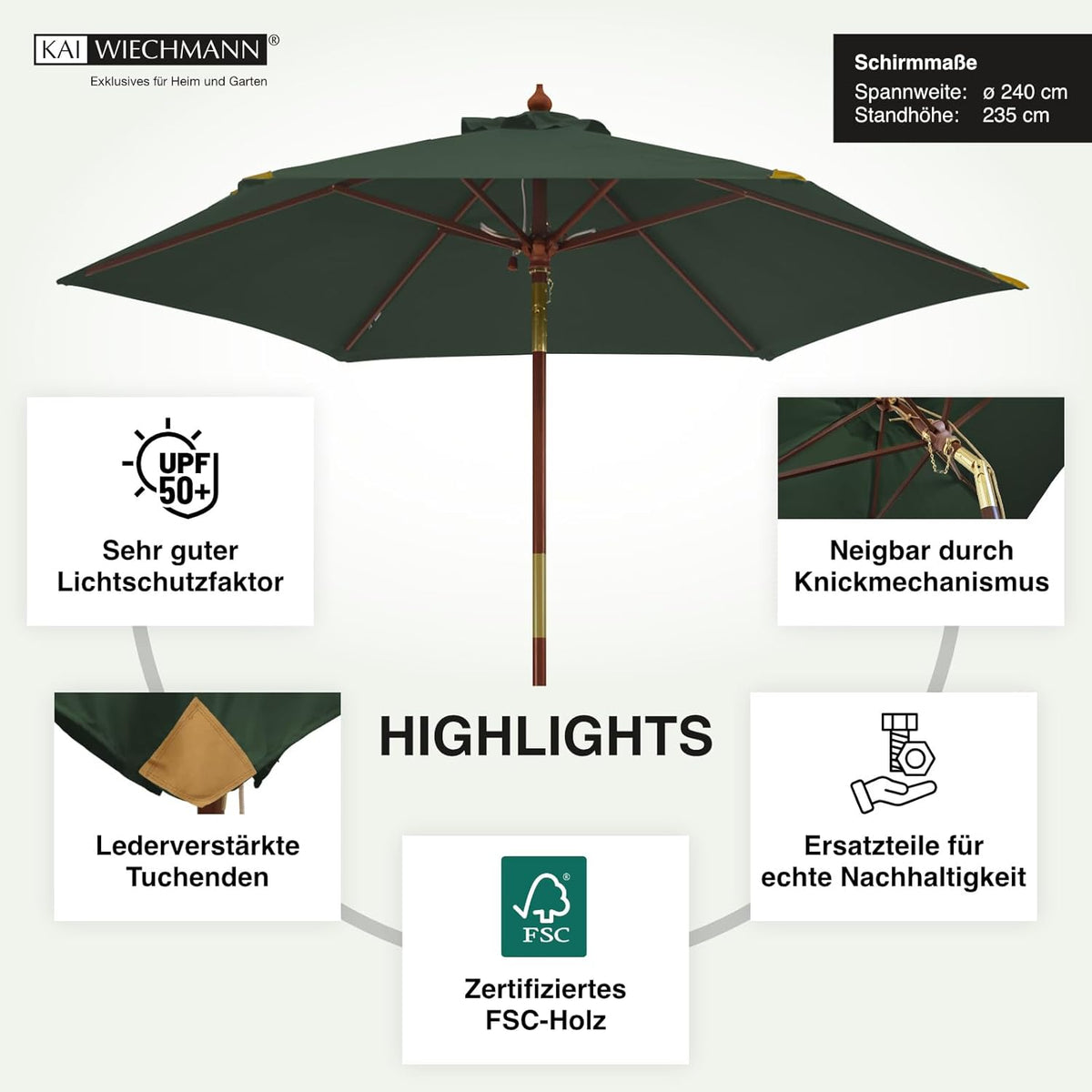 Kai Wiechmann Parasol 240 cm groen kantelbaar winduitlaat UV-bescherming 50, groen, 240 cm
