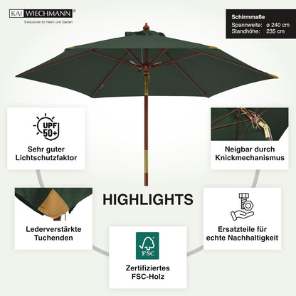 Kai Wiechmann Parasol 240 cm groen kantelbaar winduitlaat UV-bescherming 50, groen, 240 cm