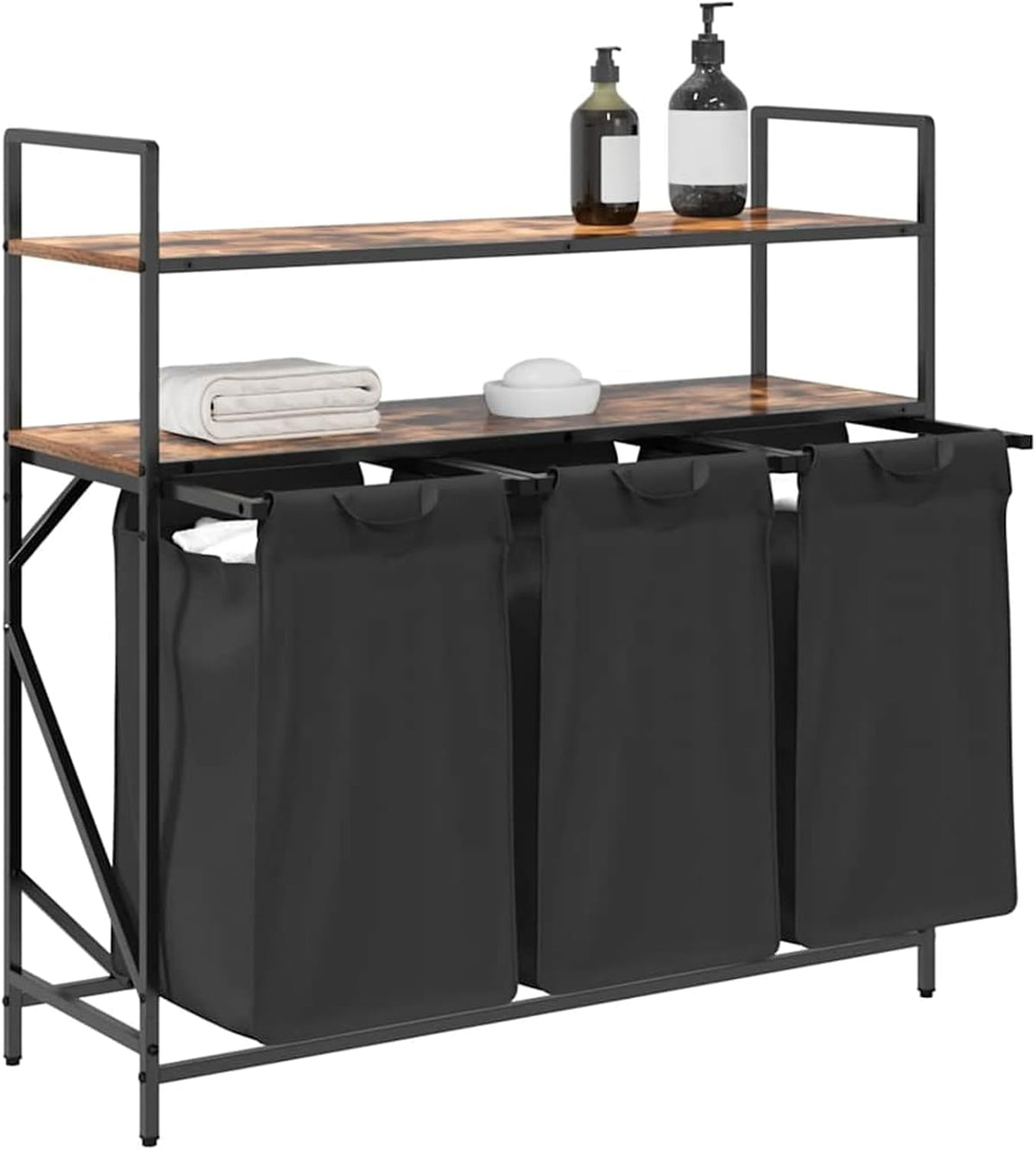 Wasmand – Wasbak – Wascontainer – Wasbox – Waskuip – 3 Compartimenten – Stalen Frame Met Eiken Planken