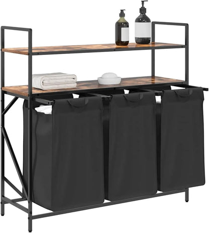 Wasmand – Wasbak – Wascontainer – Wasbox – Waskuip – 3 Compartimenten – Stalen Frame Met Eiken Planken