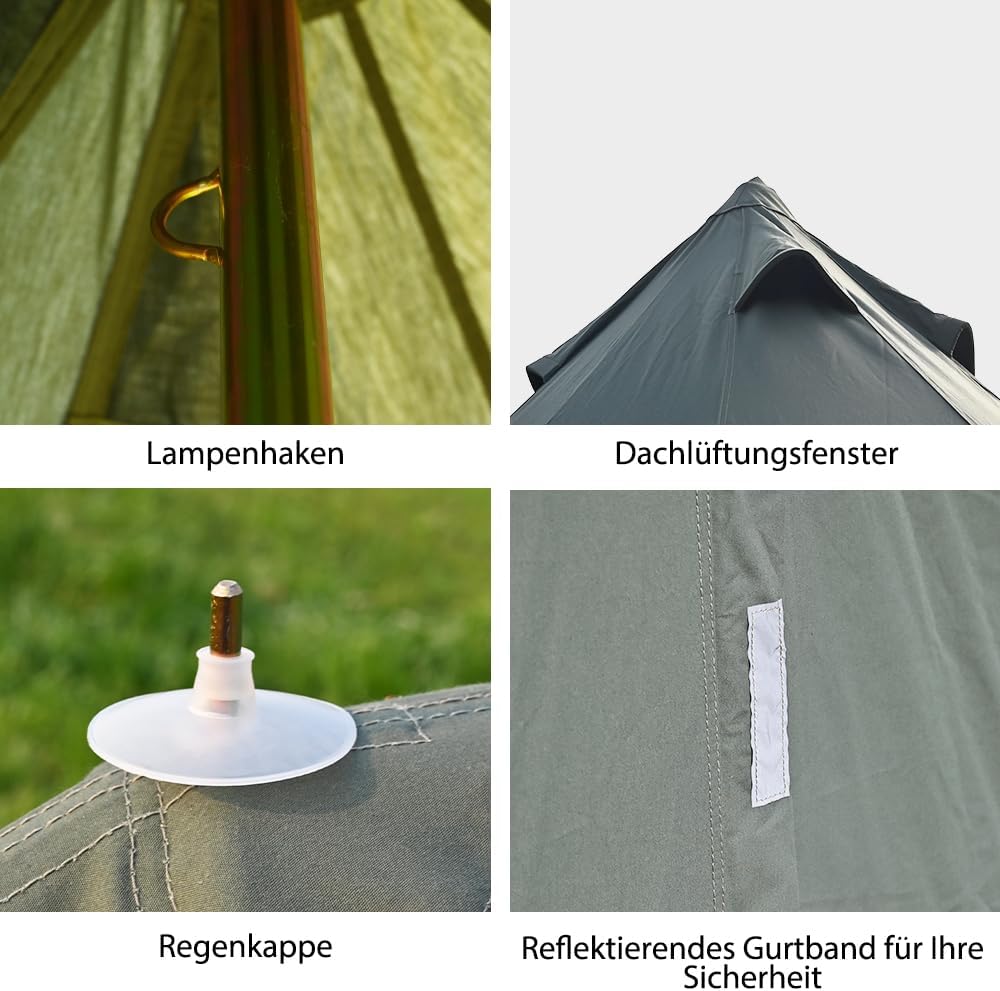 Klokkentent met ovengat, katoen, glampingtent, ruime yurt voor gezinnen, campingtent, familietent, tipi-tent, piramidetent voor groepen, outdoor, camping