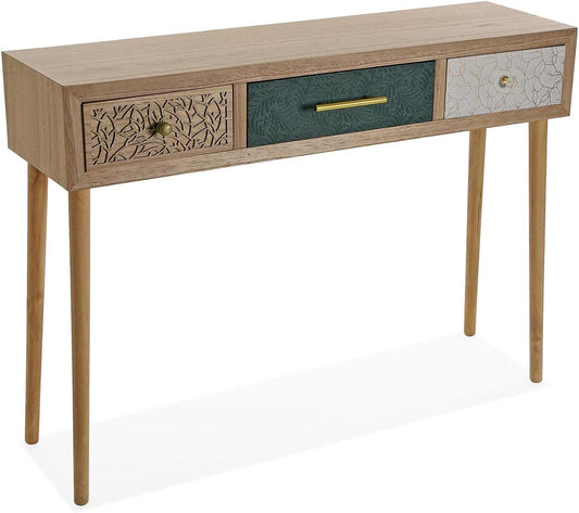 Versa Bridge Smalle hal of vestibule Entree hal meubilair, Console Tafel, met 3 lades, Afmetingen (H x B x H) 77 x 30 x 107 cm, Hout, Kleur Wit, Groen en Bruin