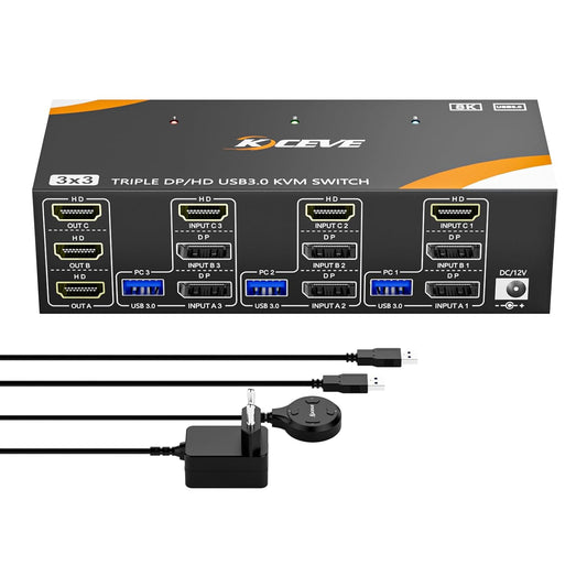 KVM Switch 3 PC 3 monitoren 8K @60Hz / 4K @144Hz, Displayport 1.4 HDMI 2.1 USB 3.0 KVM Switch Triple Monitor voor 3 PC delen muis, toetsenbord met bedrade afstandsbediening en 12V Power