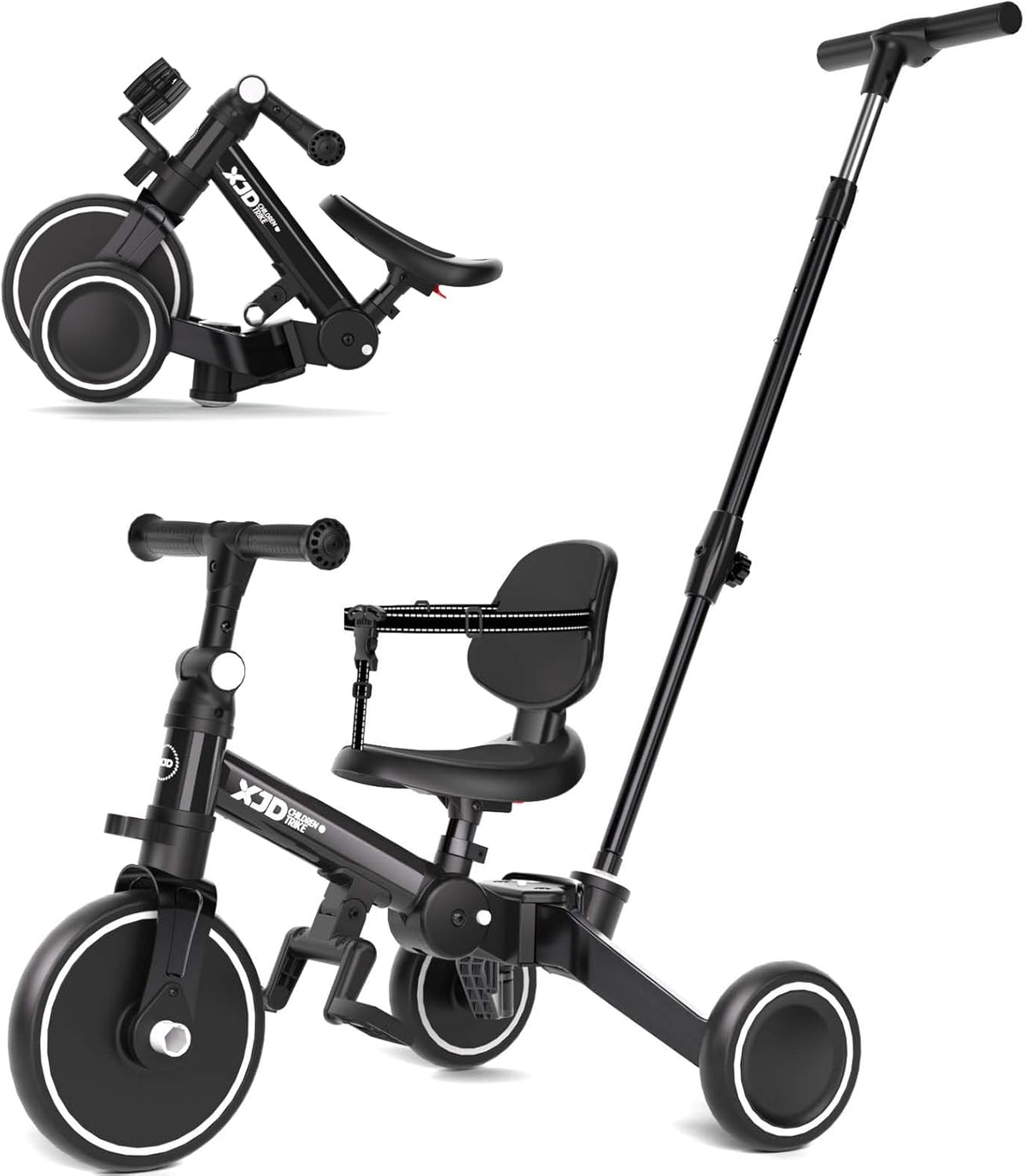 XJD 5-in-1 driewieler, loopfiets vanaf 1 jaar met duwstang voor kinderen vanaf 1 - 4 jaar, loopfiets met afneembare pedalen en verstelbare zitting, kinderdriewieler, babyfiets (zwart)