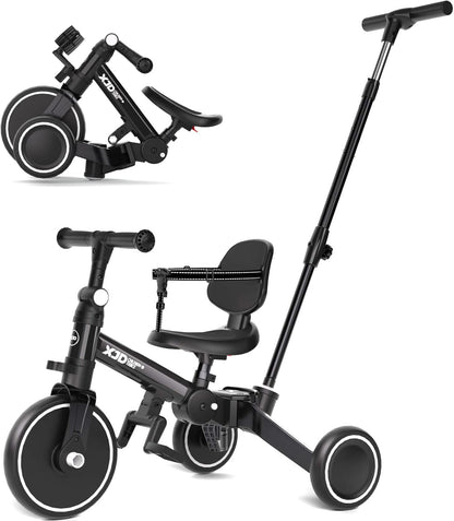 XJD 5-in-1 driewieler, loopfiets vanaf 1 jaar met duwstang voor kinderen vanaf 1 - 4 jaar, loopfiets met afneembare pedalen en verstelbare zitting, kinderdriewieler, babyfiets (zwart)