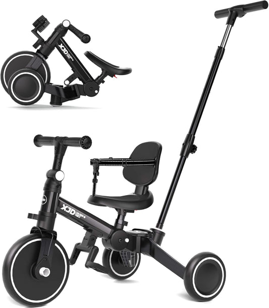 XJD 5-in-1 driewieler, loopfiets vanaf 1 jaar met duwstang voor kinderen vanaf 1 - 4 jaar, loopfiets met afneembare pedalen en verstelbare zitting, kinderdriewieler, babyfiets (zwart)