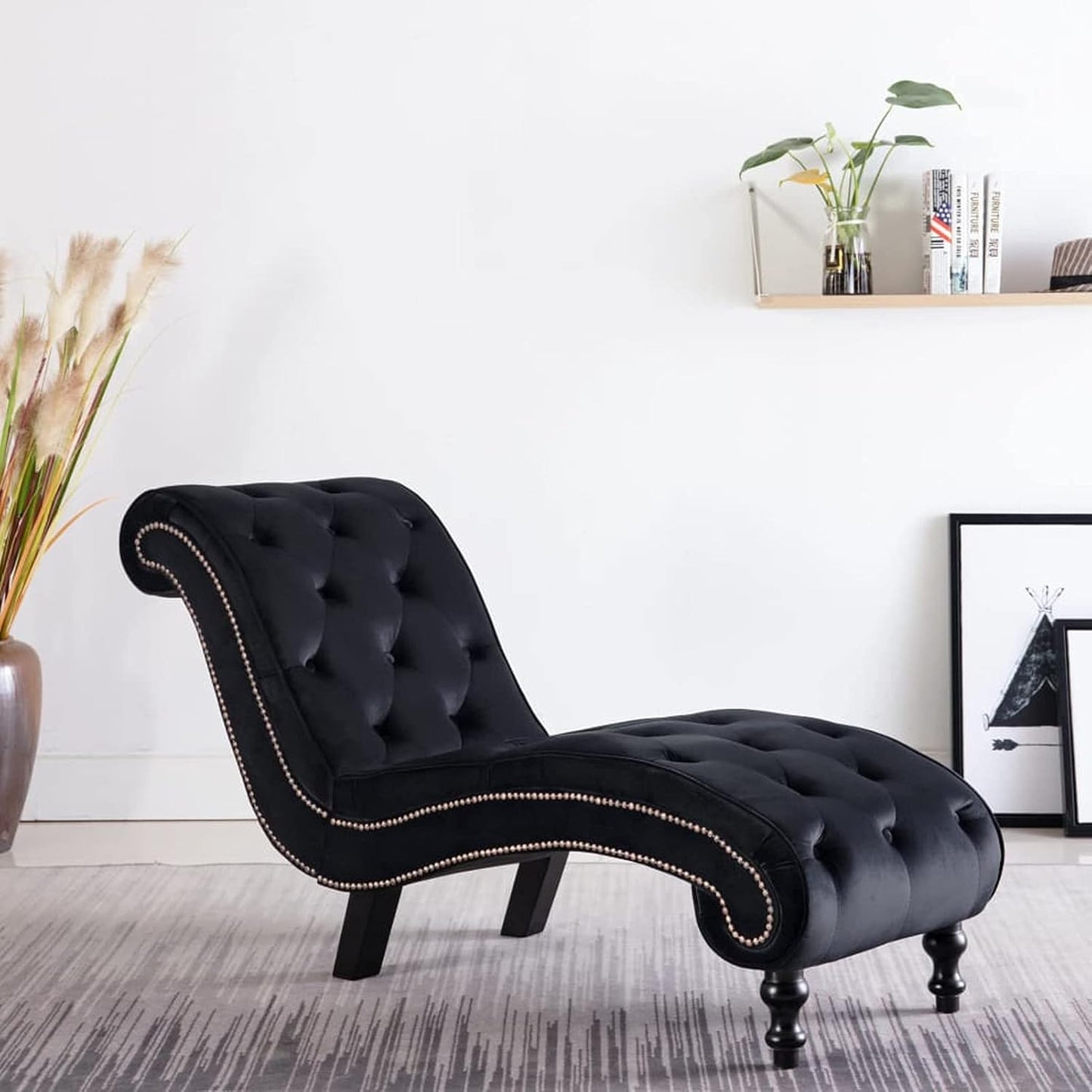 Gecheer Relax Chair Ergonomic chaise longue, chaise longue, lounger chair, lounge chair 145 x 52 x 77 cm (L x W x H) armchair, sofa chair, upholstered lounger with fringes, velvet black