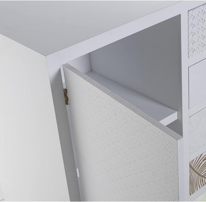 DRW Dressoir met 1 deur en 4 laden van hout met reliëf lemmet in wit en goud 80 x 40 x 80 cm