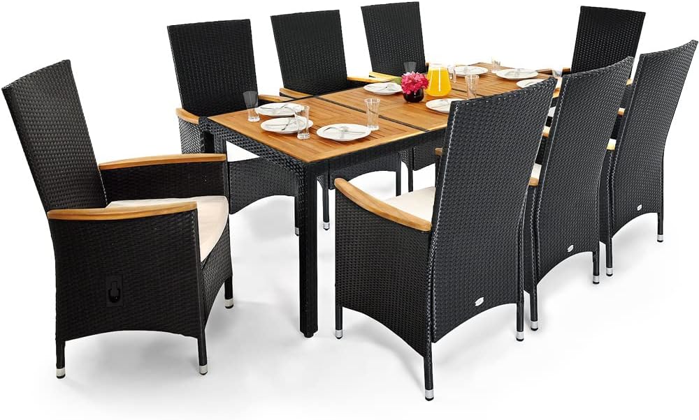 Casaria Polyrattan Garden Set Acacia 8 Chairs incl. 7cm Cushions Adjustable Backrest 190x90cm Garden Table Weatherproof Garden Chair Lounge Set - QUORE