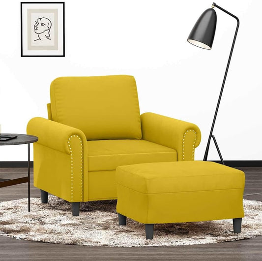 Fauteuil met kruk geel 60 cm fluwelen gestoffeerde stoel relaxstoel comfortabel ontspannen robuust frame duurzaam velours
