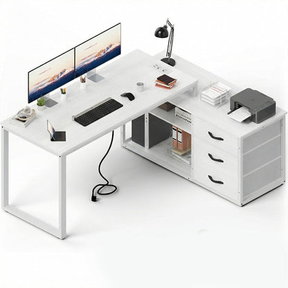 JUMMICO Hoekbureau met 3 laden, omkeerbaar L-vormige computerbureau 140x105cm met extra opbergruimte, bureaus met stopcontact, verstelbare scheidingshoogte, wit