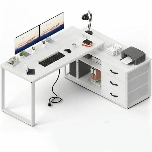 JUMMICO Hoekbureau met 3 laden, omkeerbaar L-vormige computerbureau 140x105cm met extra opbergruimte, bureaus met stopcontact, verstelbare scheidingshoogte, wit