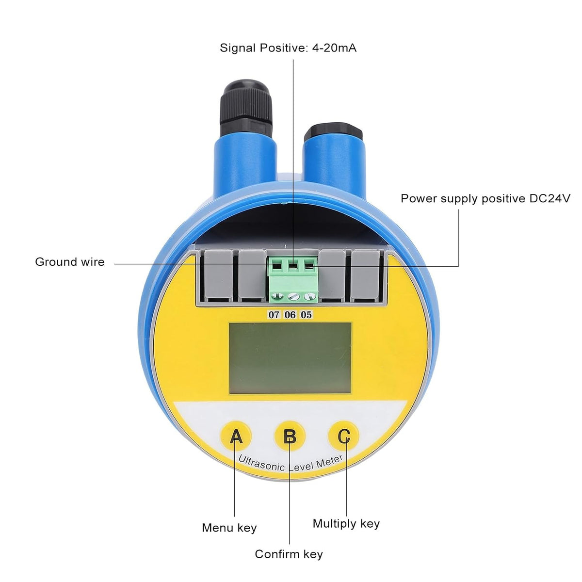 Digitale ultrasoon niveaumeter – Ultrasone niveausensor, vloeistofniveaumeter, niveauzender, vloeistofsensor – Voor water en afvalwater – 0-10 m meetbereik – Helder LED display en 4 tot 20 mA uitgang