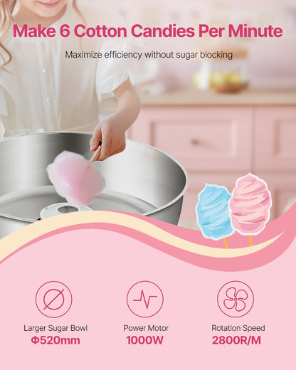 VEVOR 1000 W Electric Cotton Candy Maker with Stainless Steel Holder 52 cm Sugar Spoon and Tray for Birthdays and Family Celebrations Blue 520 x 520 x 447 mm