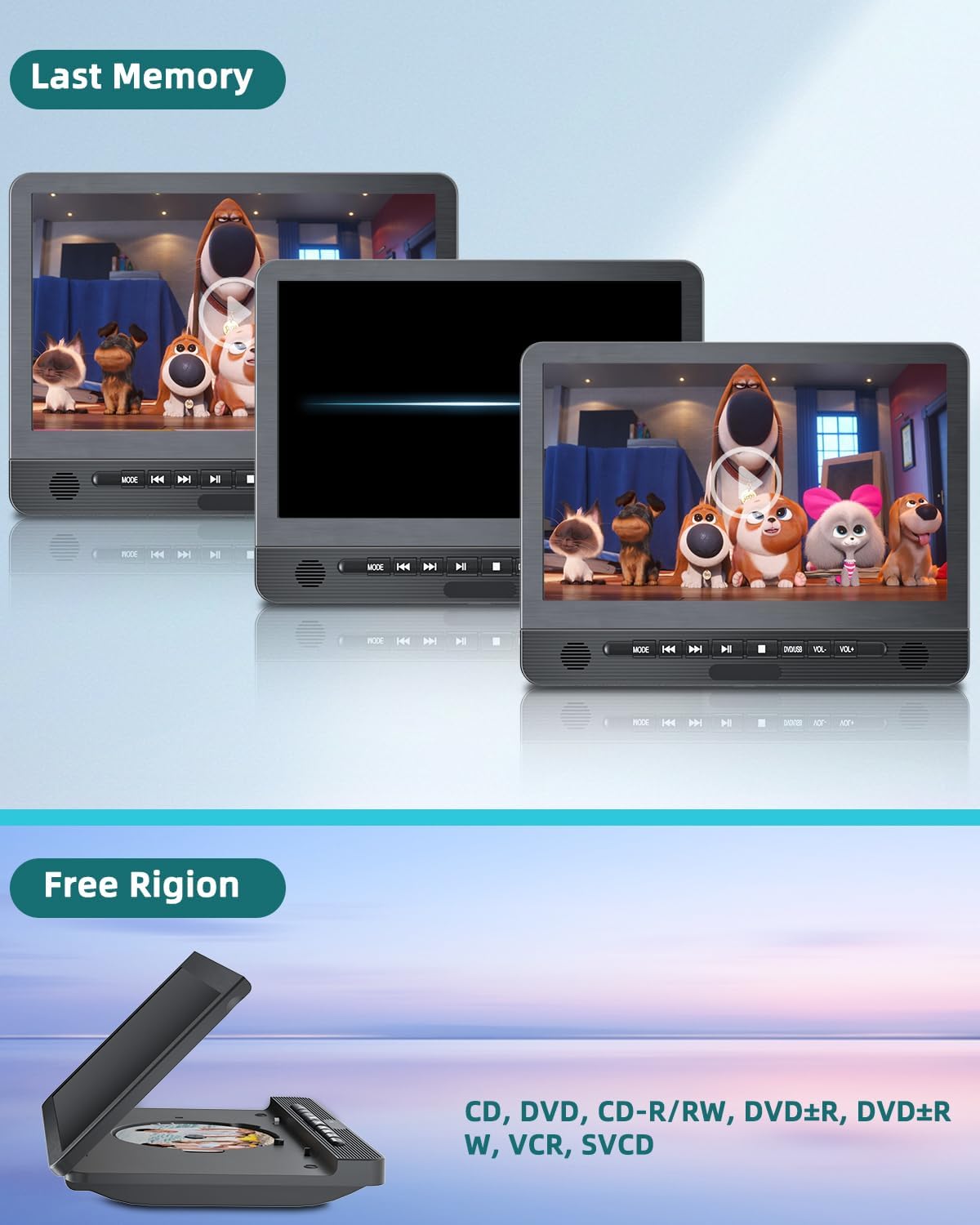 DESOBRY 12.5'' Auto DVD Speler 2-scherm met 5-uur Oplaadbare Batterij, Twee Autoscherm, Hoofdleuning TV Kinderen TV Laatste Geheugen USB AV In/Out 12V