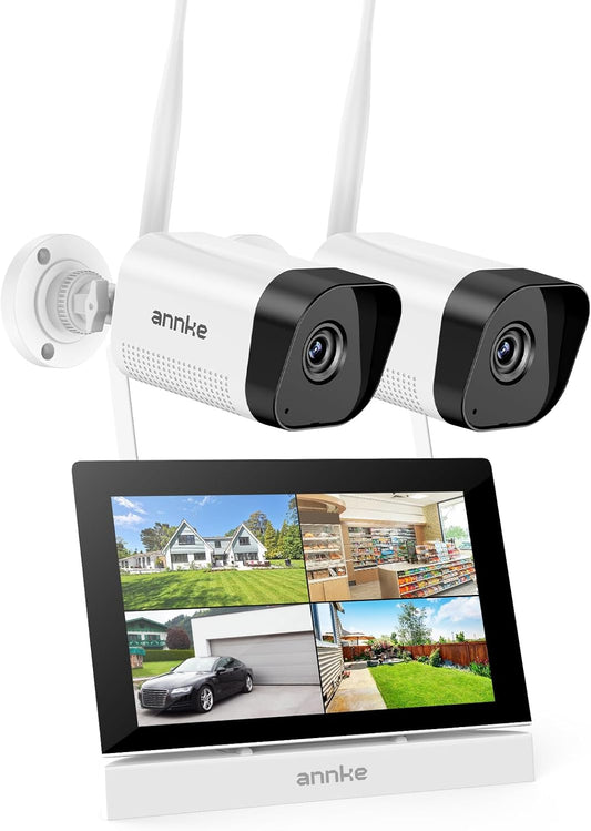 ANNKE Bewakingscameraset met monitor, 5 MP 4CH 7 inch touchscreen, NVR-beeldscherm met 2 stuks 5 MP wifi-camera, 2-weg audio, persoonsherkenning, 30 m nachtzicht, app- en e-mailalarm, 64 GB SD-kaart