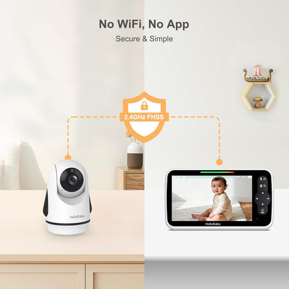 HelloBaby 6-Inch Babyfoon, Groot Scherm met Camera en Audio, 4000 mAh Batterij en ECO Modus, Nachtzicht, Geen WiFi, Tweewegcommunicatie en 8 Slaapliedjes, Op Afstand Bedienbare PTZ Camera