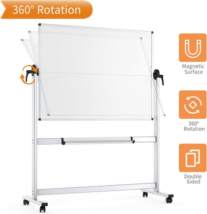 VIZ-PRO Dubbelzijdig Mobiel Whiteboard, 120 x 90 cm, Magnetisch Rolling Dry Erase White Board op wieltjes met aluminium frame en standaard