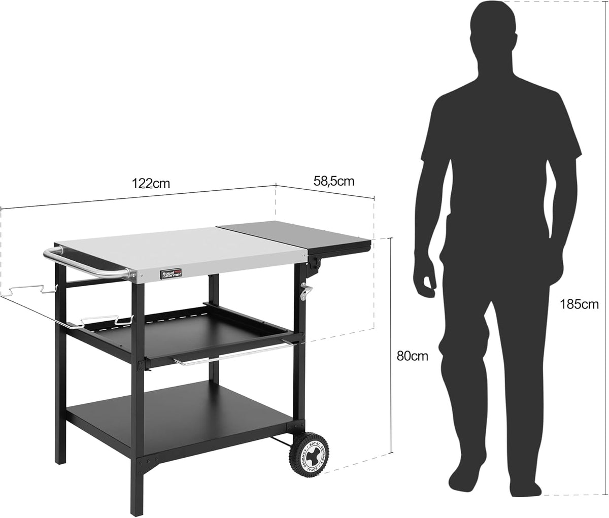 Royal Gourmet Outdoor grilltafel, 3 etages, serveerwagen met 70 x 50 cm roestvrij stalen tafelblad en 30 x 50 cm inklapbaar zijplank, bijzettafel, barbecuetafel, tuintrolley met push-pull-rek
