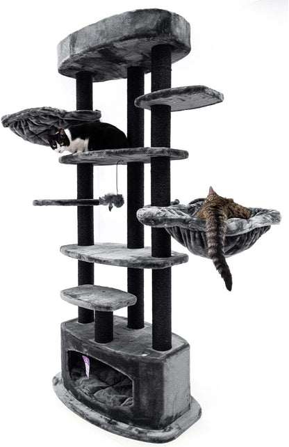 Kattenkrabpaal – Krabmeubel – Kattenboom – Krabton – Krabhuis – Zwart – 177 cm Hoog – Inclusief Comfortabele Ligbak & Ruim Kattenhol