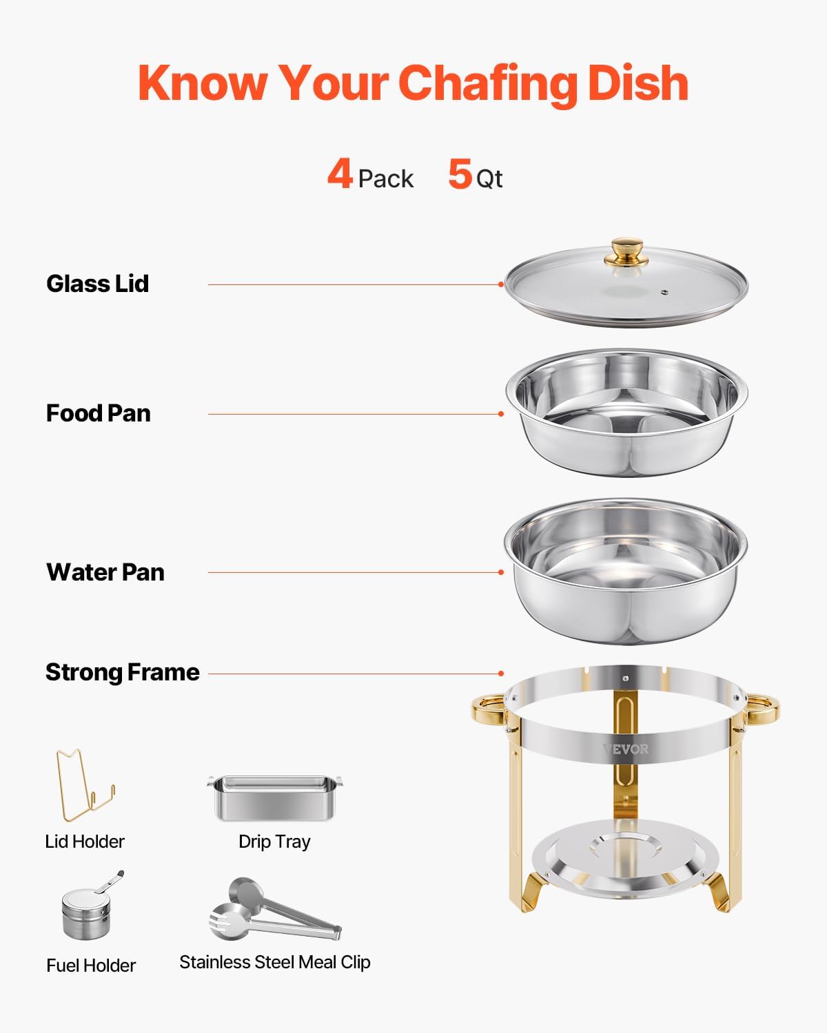 Chafing Dish Buffetset Goud – Buffetwarmer – Warmhoudschaal – Buffetchafer – Catering Warmer – 4-Delige Set – 5 Qt / 4,7 Liter – RVS