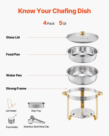 Chafing Dish Buffetset Goud – Buffetwarmer – Warmhoudschaal – Buffetchafer – Catering Warmer – 4-Delige Set – 5 Qt / 4,7 Liter – RVS