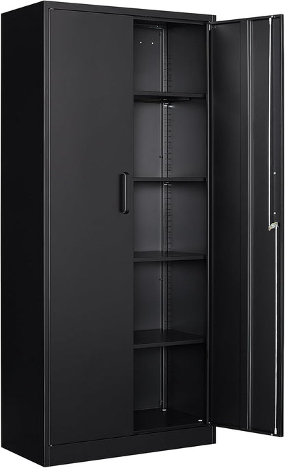 Steel Storage Cabinet, Steel Filing Cabinet with Lock, 4 Adjustable Shelves, Double Doors, Multifunctional Tool Cabinet for Study Room, Garage, Black