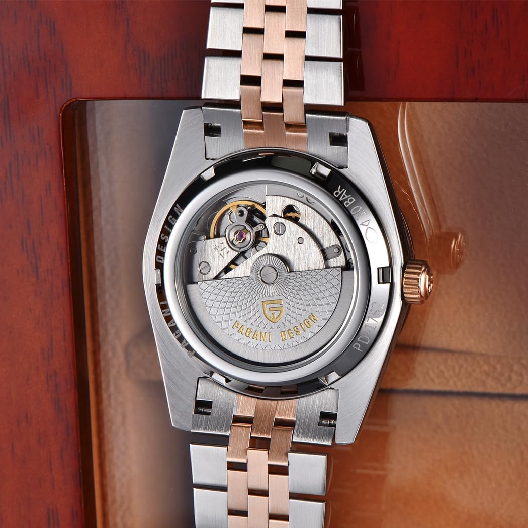 Pagani Design herenhorloge DD36, een luxe herenhorloge met een gouden wijzerplaat, Dual Date Display, Sapphire Crystal Glass, Roestvrij stalen kast, 10 bar waterbestendigheid, en ST16 uurwerk.