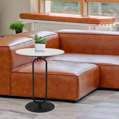 Bijzettafel rond, marmeren salontafel, banktafel, kleine koffietafel, metaal zwart, voor woonkamer slaapkamer, laptoptafel, banktafel