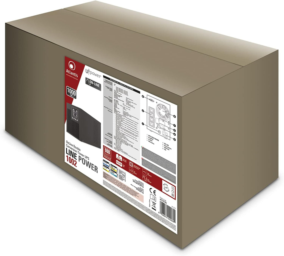 ATLANTIS A03-OP1002 UPS Ononderbroken stroomvoorziening Server Tower On Line dubbele converter 1000 VA 900 W, LCD-display, USB, serieel RS-232, 4 IEC-uitgangen, EPO, SNMP-sleuf, met 2 accu's 12V-9Ah, zwart
