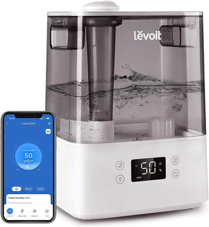 LEVOIT Luchtbevochtiger, 6 liter, wifi, 28 dB, met app en Alexa-bediening, auto en slaapmodus, ultrastil, 60 uur, ultrasone luchtbevochtiger met kinderkamer, slaapkamer tot 47 m², grijs