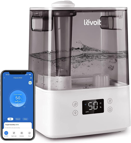 LEVOIT Luchtbevochtiger, 6 liter, wifi, 28 dB, met app en Alexa-bediening, auto en slaapmodus, ultrastil, 60 uur, ultrasone luchtbevochtiger met kinderkamer, slaapkamer tot 47 m², grijs