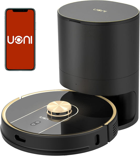 Uoni V980Plus Robotstofzuiger met zelfledigende vuilnisbak, Lidar Navigatie Robotstofzuigers Multi-Floor Mapping 2700Pa Sterke Zuig met No-Go Zones 190 Mins Runtime voor Huisdier Haar (Goud-V980 Set)