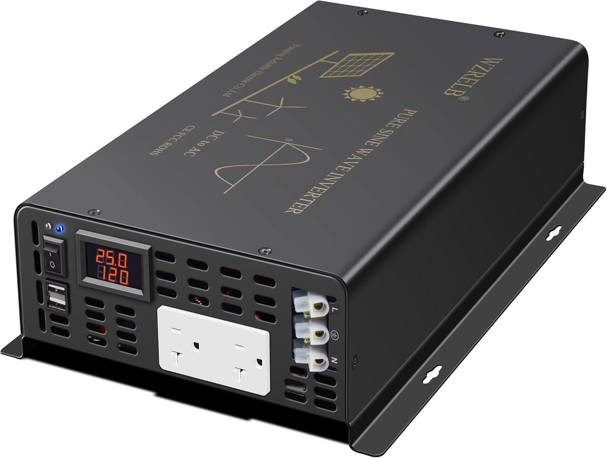 3000Watt Pure Sine Wave Power Inverter 24VDC to 120VAC 6000W Peak Built-in Soft Starter Dual AC Outlets 2× 2.4A USB Port &Hardwire Terminal Off-Grid Solar Converter RV Trucks (U5-300024)