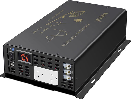 3000Watt Pure Sine Wave Power Inverter 24VDC to 120VAC 6000W Peak Built-in Soft Starter Dual AC Outlets 2× 2.4A USB Port &Hardwire Terminal Off-Grid Solar Converter RV Trucks (U5-300024)