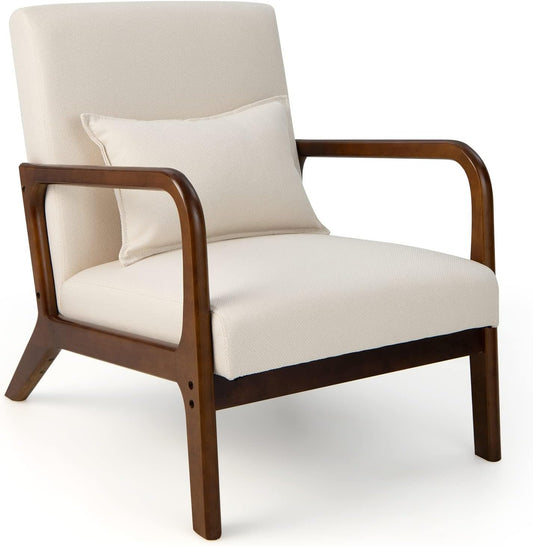 FANTASK Fauteuil, moderne eenpersoonsbank van hout met armleuningen, loungestoel bekleed voor woonkamer, slaapkamer, 65 x 79 x 77 cm, beige