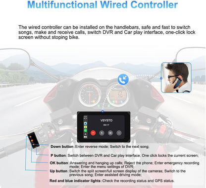 VSYSTO Motorfiets Carplay Scherm, Draadloze Carplay en Android Auto, GPS Navigatie, Parkeermonitoring, Bandenspanningssensoren, 5-Inch WiFi Dashcam 1080P Voor- en Achtercamera (CS5PRO)