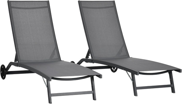 Ligstoel - Tuinligstoel - Set van 2 - Ligbed - met Wielen - Verstelbaar Rugleuning - Weerbestendig - voor Tuin - Zwembad - Strand - Aluminium - Textiel - 66 x 165 x 102 cm - Donkergrijs