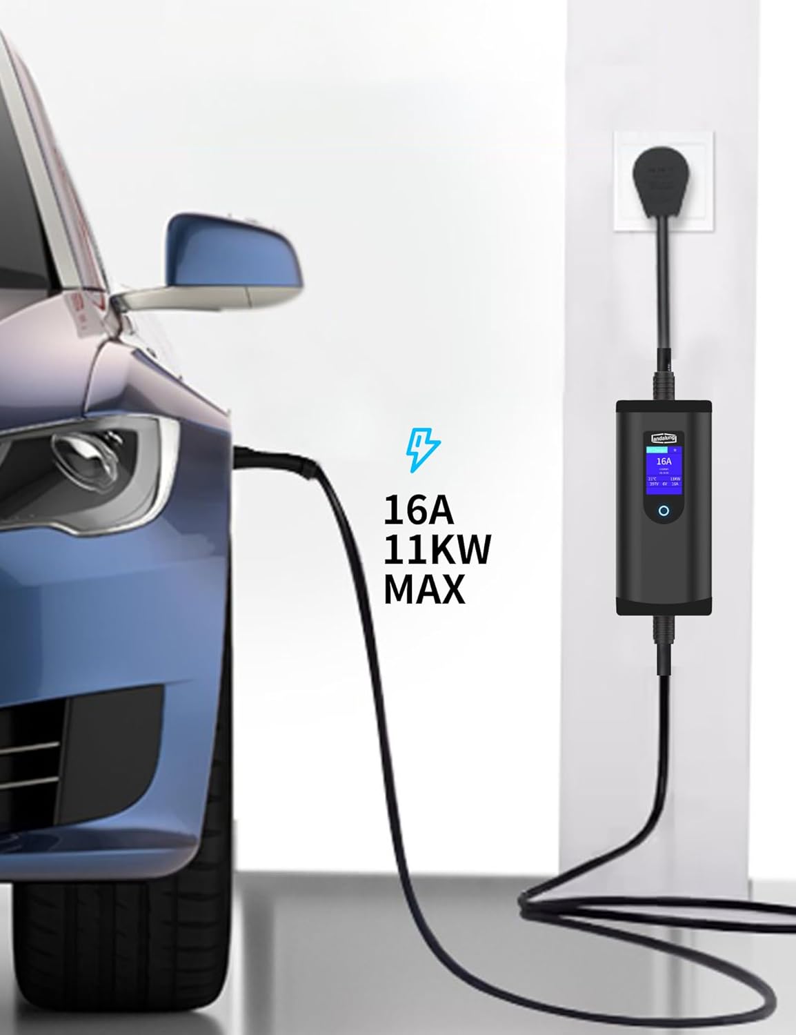 Draagbare EV-oplader, 11 kW, 3-fase, 6-16 A, met instelbare stroom, app-bediening, 7 m kap, IP65-bescherming, compatibel met alle PHEV/EV-voertuigen, wifi, bluetooth, rode CEE-stekker