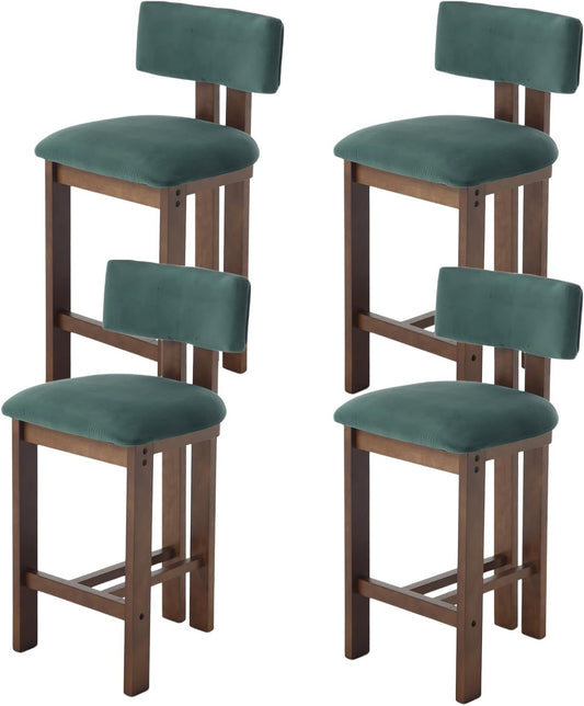 chairus Vintage Wooden Bar Stool, 4 Pieces, Velvet Bar Chair, Solid Wood Base High Bar Chair for Counter, Green - QUORE