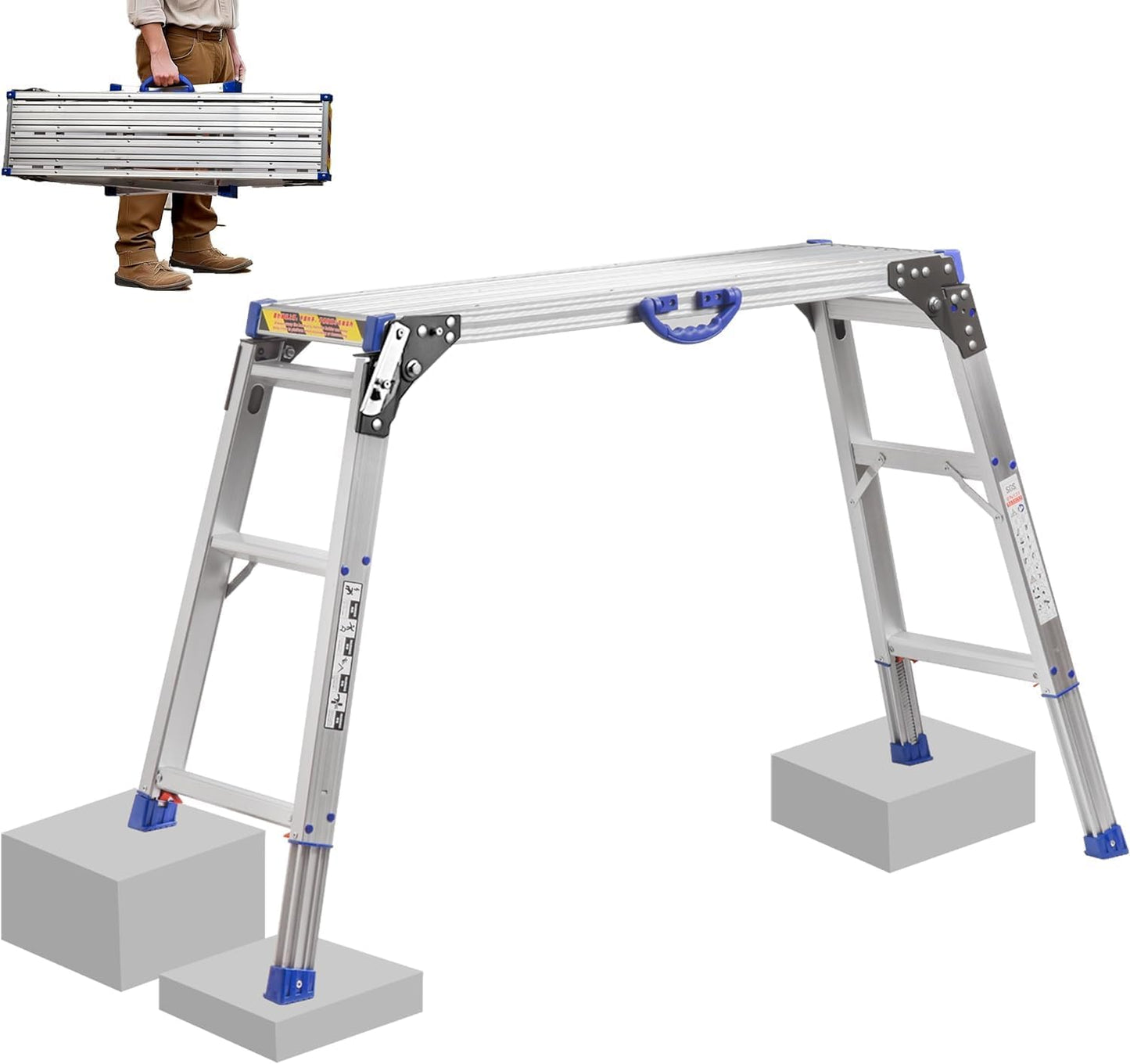 Werkplatform 100 x 30 cm, 2-traps werkplatform inklapbaar met antislip rubberen mat, alle poten in hoogte verstelbaar van 65 tot 90 cm, draagkracht 150 kg