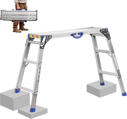 Werkplatform 100 x 30 cm, 2-traps werkplatform inklapbaar met antislip rubberen mat, alle poten in hoogte verstelbaar van 65 tot 90 cm, draagkracht 150 kg
