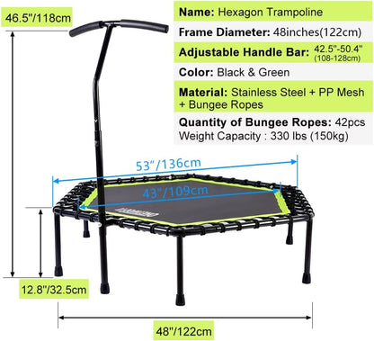 OneTwoFit Diameter stille trampoline met in hoogte verstelbare handgreep, fitnesstrampoline training zoals in de fitnessstudio trainer workout voor volwassenen