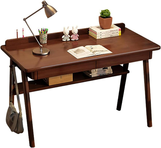 Bureau met 2 Laden, Computer Bureau, Walnoot Massief Houten Bureau, Werktafel om Studeren en Schrijven, PC-Tafel voor Thuis en Kantoor, 120 x 60 x 75 cm, Walnoot